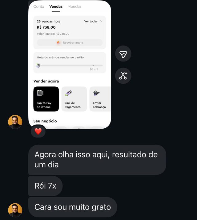 Print do app de vendas mostrando 25 vendas e R$738 no dia, com ROI de 7x