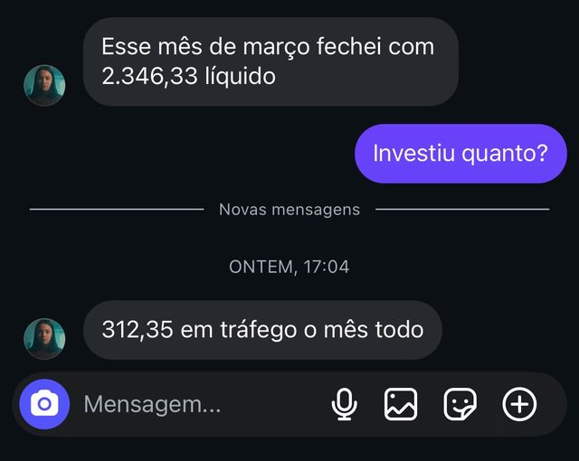 Cliente conta que fechou março com 2.346,33 líquido investindo 312,35 em tráfego