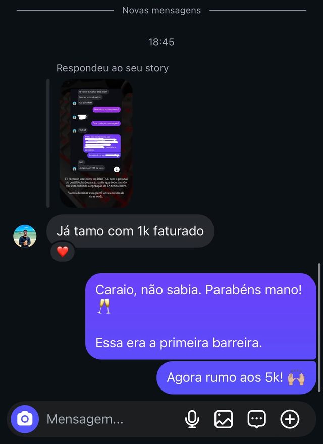 Cliente responde ao story dizendo que já está com 1k faturado