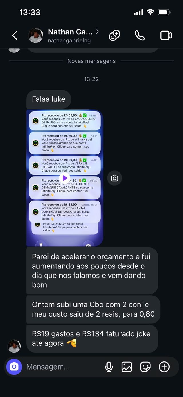 Cliente conta que gastou 19 reais e faturou 134, com custo por mensagem caindo de 2 reais para 0,80