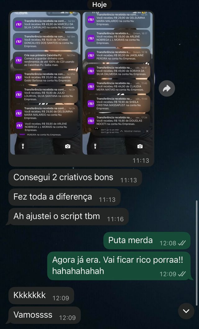 Cliente mostra várias vendas e conta que conseguiu 2 criativos bons e ajustou o script