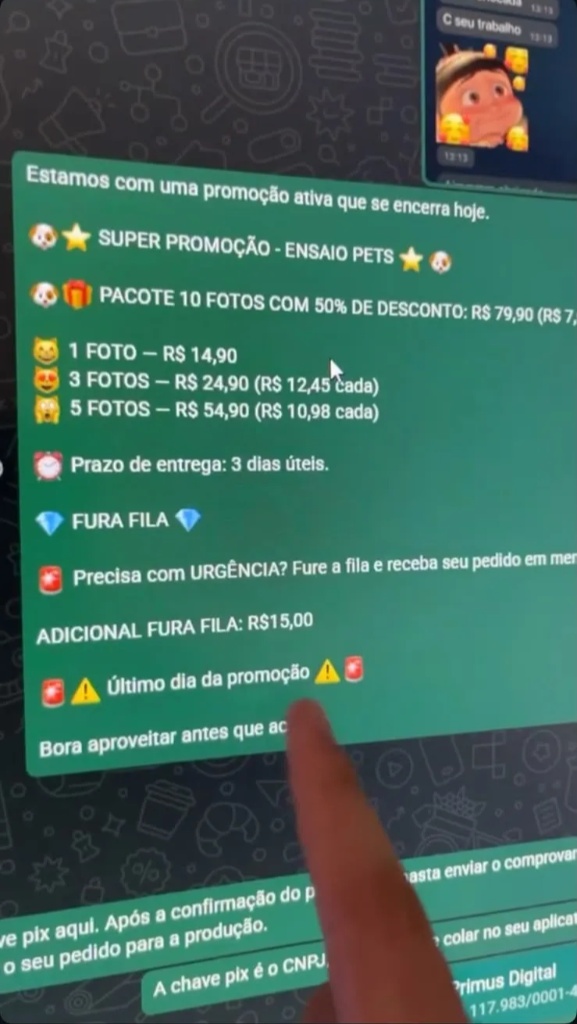 Tabela de pacotes e preços enviada no WhatsApp com chave Pix